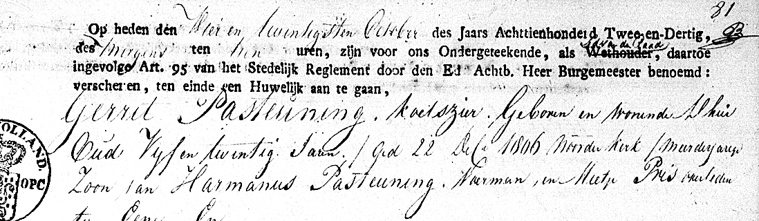 Huwelijksakte 24 okt 1832 (ged.): Gerrit Pasteuning, Amsterdam.